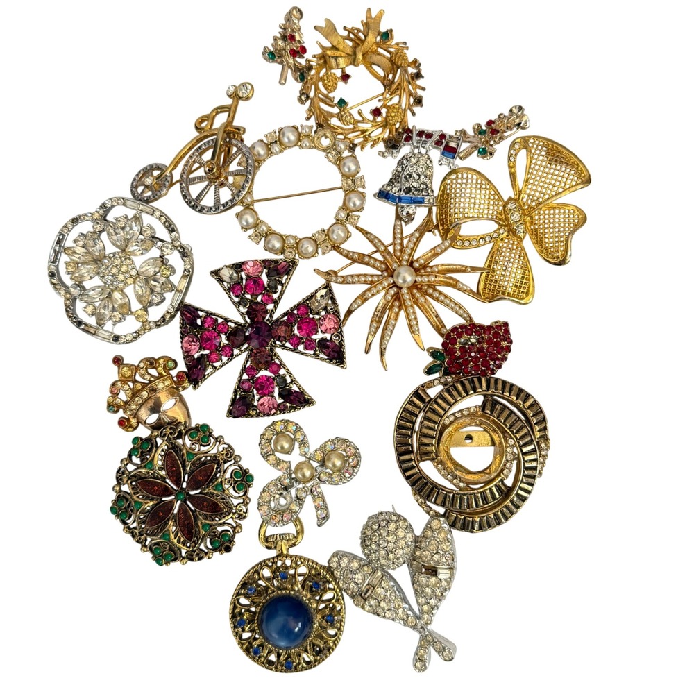 REPAIR LOT! Vintage Brooches MISSING STONES Crystal Pot Metal Blue Starburst